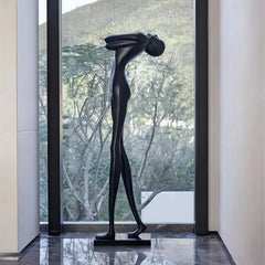 Matt Black Resin Figure Floor Lamp, 185cm Bowed Standing Form, Integrated Sphere Light, Living Room & Hallway Corner