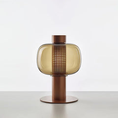 Smoked Glass Drum Table Lamp, Perforated Metal Diffuser, Slim Column Base, Living Room, Home Office & Bedside