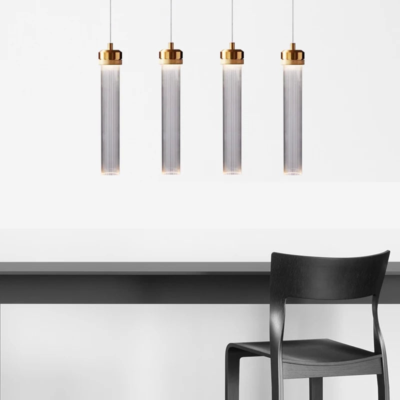 Fluted Clear Glass Cylinder Pendant Light, Chrome Cap Finish, Black Cable Suspended, Contemporary Style, Kitchen Island & Hallway