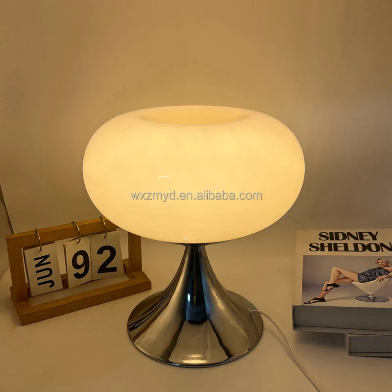Glossy White Glass Dome Table Lamp on a Chrome Trumpet Base, Rounded Mushroom Silhouette, Bedside & Living Room