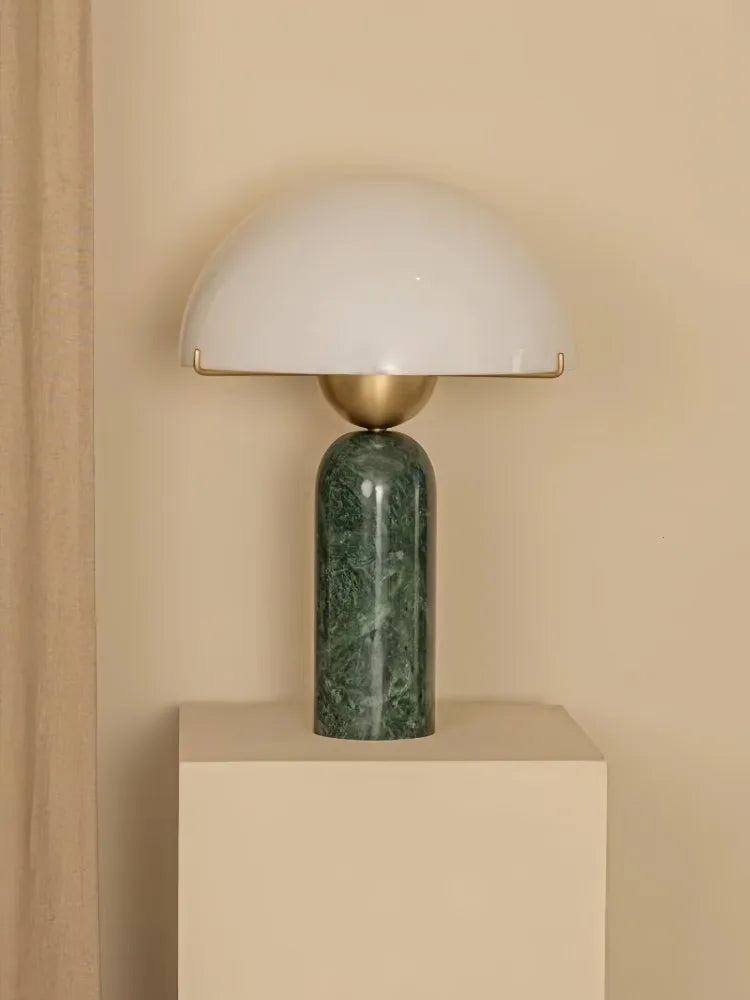 Matt Cream Dome Table Lamp, Brass Ring Collar on a Green Marble Base, Bedside, Console and Living Room Corner