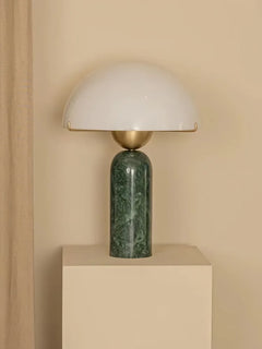 Matt Cream Dome Table Lamp, Brass Ring Collar on a Green Marble Base, Bedside, Console and Living Room Corner