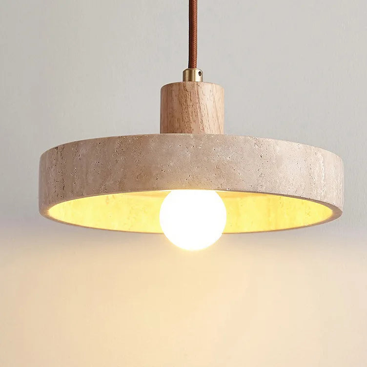 Natural Travertine Disc Pendant Light, Wood Cap Over a Bare Opal Glass Globe, Bulb Not Included, Bedside & Kitchen Island