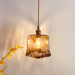 Amber Glass Ruffled Bell Pendant Light, 14cm Shade, Brushed Brass Fitting, Twisted Cord, Bedside & Living Room