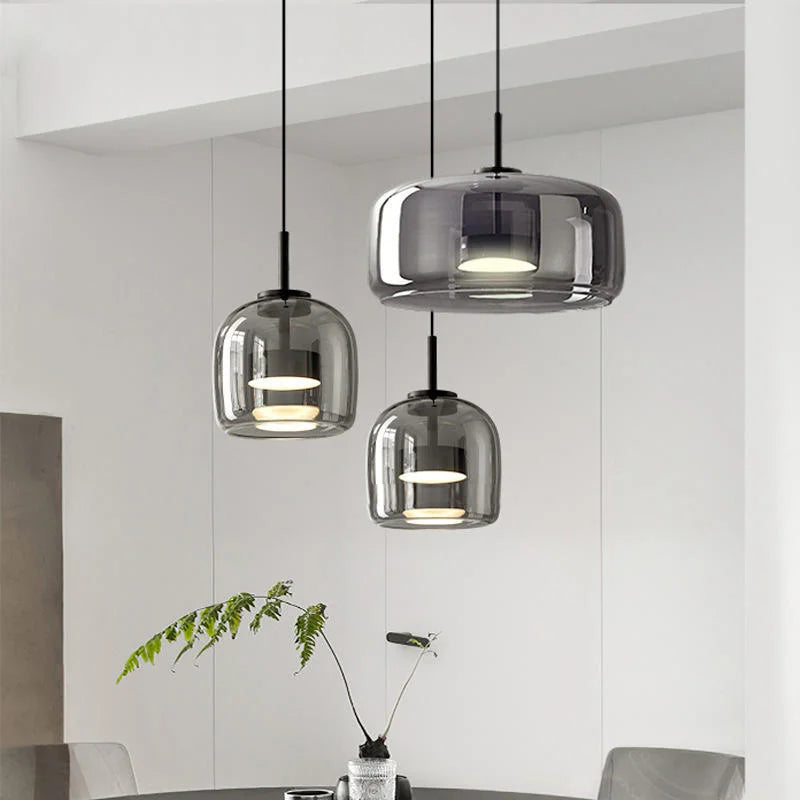 Amber Glass Drum Cluster Pendant Light, Three Light, Brushed Brass Diffuser Disc, Kitchen Island & Dining Table