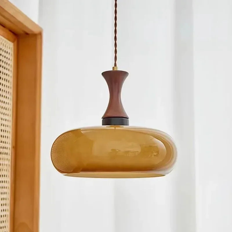 Fluted Amber Glass 28cm Ellipse Pendant Light, Turned Wood Neck with Brass Detail, Braided Cable Suspension, Kitchen Island & Dining Table