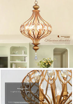 Bronze Metal Lantern Chandelier, 50cm, Scrolled Frame with Amber Crystal Drops, Wood Finial, Dining Room and Stairwell
