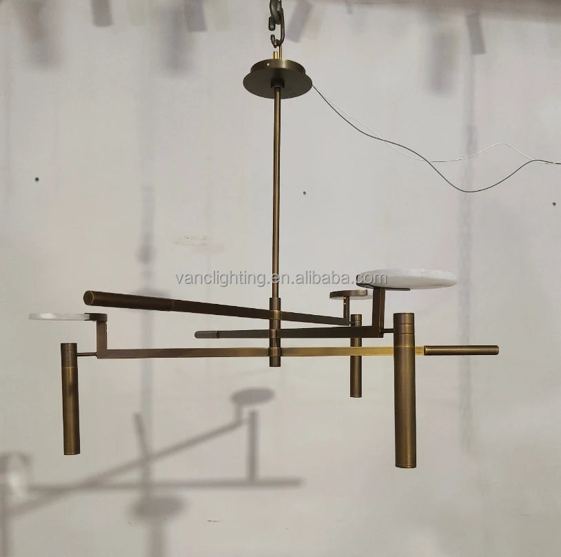 Sculptural Black Branch Chandelier, Crossed Metal Rods with Flat Alabaster Discs, Dining Room and Living Room