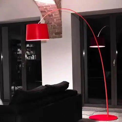 Red Arc Floor Lamp, Plain Drum Shade on a Long Curved Steel Pole, Reading Corner and Living Room Sofa Side Table