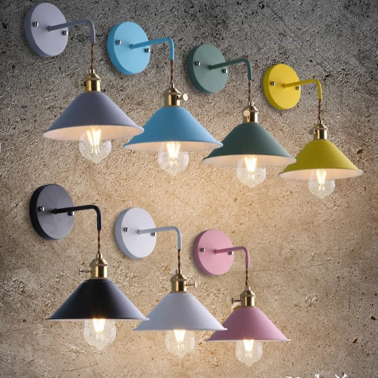 Matt Cone Metal Wall Light, Sky Blue Finish, Brass Swivel Joint, Bare Bulb Industrial Style, Hallway & Living Room Accent