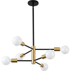 Black and Brass 8 Light Sputnik Chandelier, Asymmetric Rods with Exposed Globe Bulbs, Central Brass Hub, Dining Room & Living Room