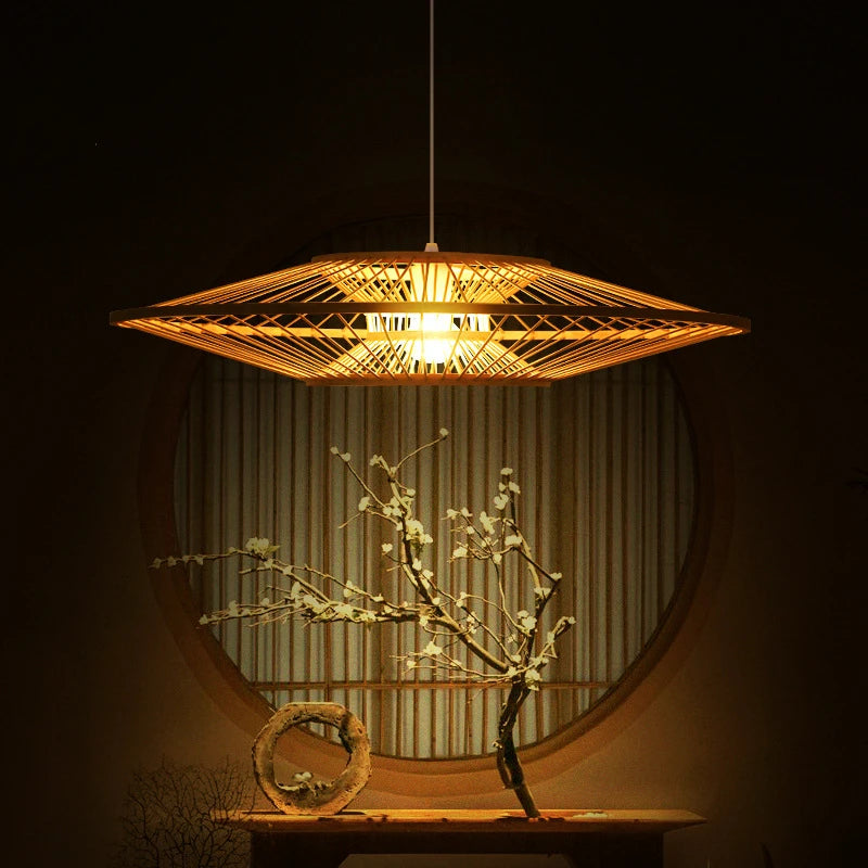 Woven Bamboo Disc Pendant Light in Gold, Wide Lantern Silhouette, Crisscross Weave, Dining Room, Living Room & Hallway