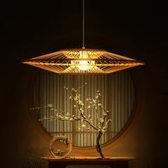 Woven Bamboo Disc Pendant Light in Gold, Wide Lantern Silhouette, Crisscross Weave, Dining Room, Living Room & Hallway