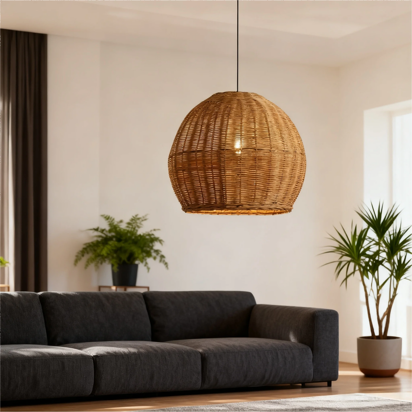 Woven Rattan Dome Pendant Light, Natural Finish, Collar Top Silhouette, Kitchen Island, Dining Table & Living Room