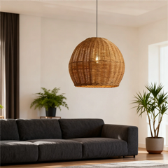Woven Rattan Dome Pendant Light, Natural Finish, Collar Top Silhouette, Kitchen Island, Dining Table & Living Room