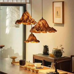Ochre Textured Fabric Cone Pendant Light, Three-Shade Cluster, Rustic Mountain Silhouette, Dining Table & Hallway