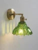 Fluted Green Glass Bell Wall Light, Brass Arm and Round Backplate, Wide Flared Scalloped Shade, Bedside, Hallway & Living Room