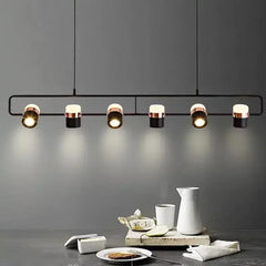 Matt Black Linear Bar Pendant Light, 4 Rotatable Spotlight Heads, Brushed Gold Trim Rings, Kitchen Island & Dining Table
