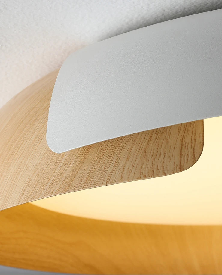 Matt White and Wood Ring Flush Ceiling Light, Two Tone Frame, Opal Diffuser, Integrated LED, Living Room, Hallway & Bedroom