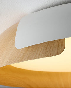 Matt White and Wood Ring Flush Ceiling Light, Two Tone Frame, Opal Diffuser, Integrated LED, Living Room, Hallway & Bedroom