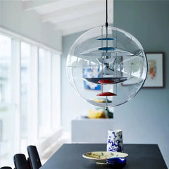 Clear Glass Sphere Pendant Light, Chrome Inner Discs with Colour Accents, Danish Design Silhouette, Dining Table