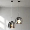 Smoked Grey Glass Drum Pendant Light, 23cm Shade, Brushed Brass Diffuser Disc, Kitchen Island, Bedside & Living Room