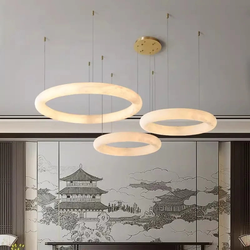 Textured Cream Plaster Ring Pendant Light, 600 Torus Form, Brass Wire Suspension, Contemporary Style, Dining Room & Stairwell