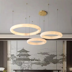 Textured Cream Plaster Ring Pendant Light, 600 Torus Form, Brass Wire Suspension, Contemporary Style, Dining Room & Stairwell
