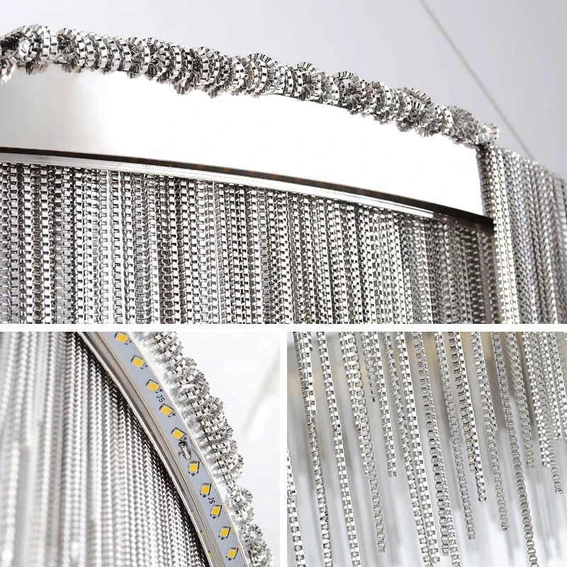 Silver Chain Fringe Tiered Chandelier, Large Two Tier Cascade over a Silver Drum Frame, Dining Room and Living Room