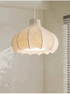 Fluted Cream Fabric Teardrop Pendant Light, Onion Silhouette, Silk Effect Shade, Dining Table, Kitchen Island & Living Room