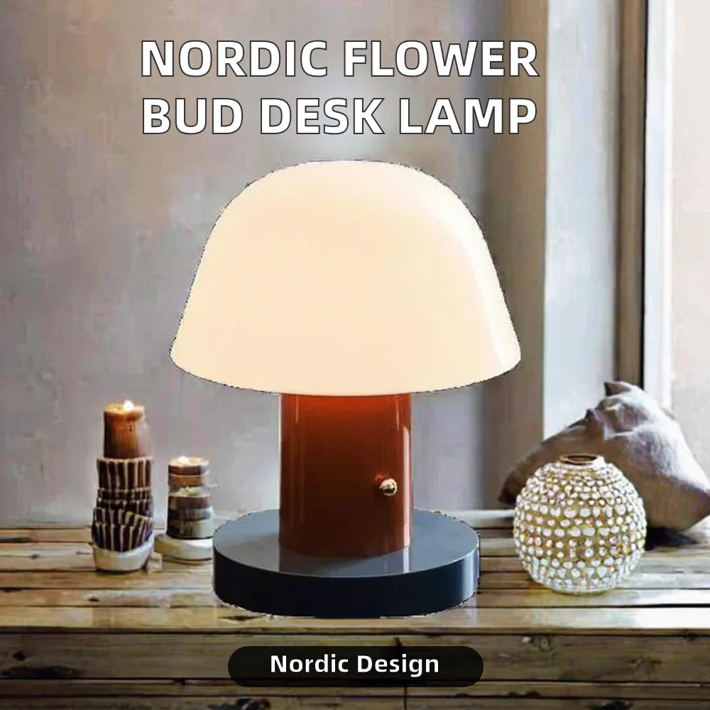 White Opal Glass Bell Shade Desk Lamp, Red Cylinder Stem, Simple Round Base, Bedside, Living Room & Home Office