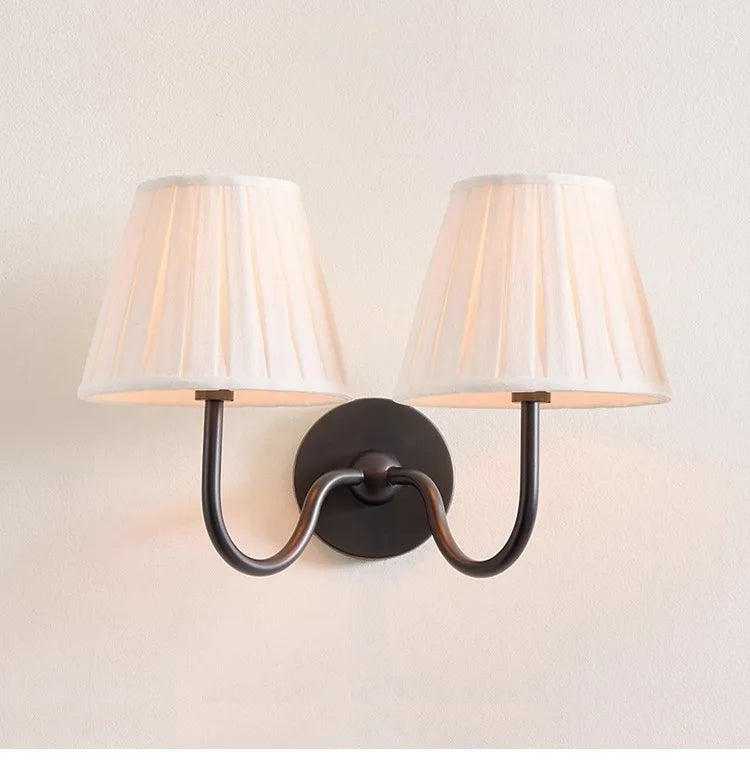 Antique Brass Wall Light, Curved Arm, Pleated Cream Fabric Shade, Also in Twin Arm, Bedroom, Bedside & Hallway