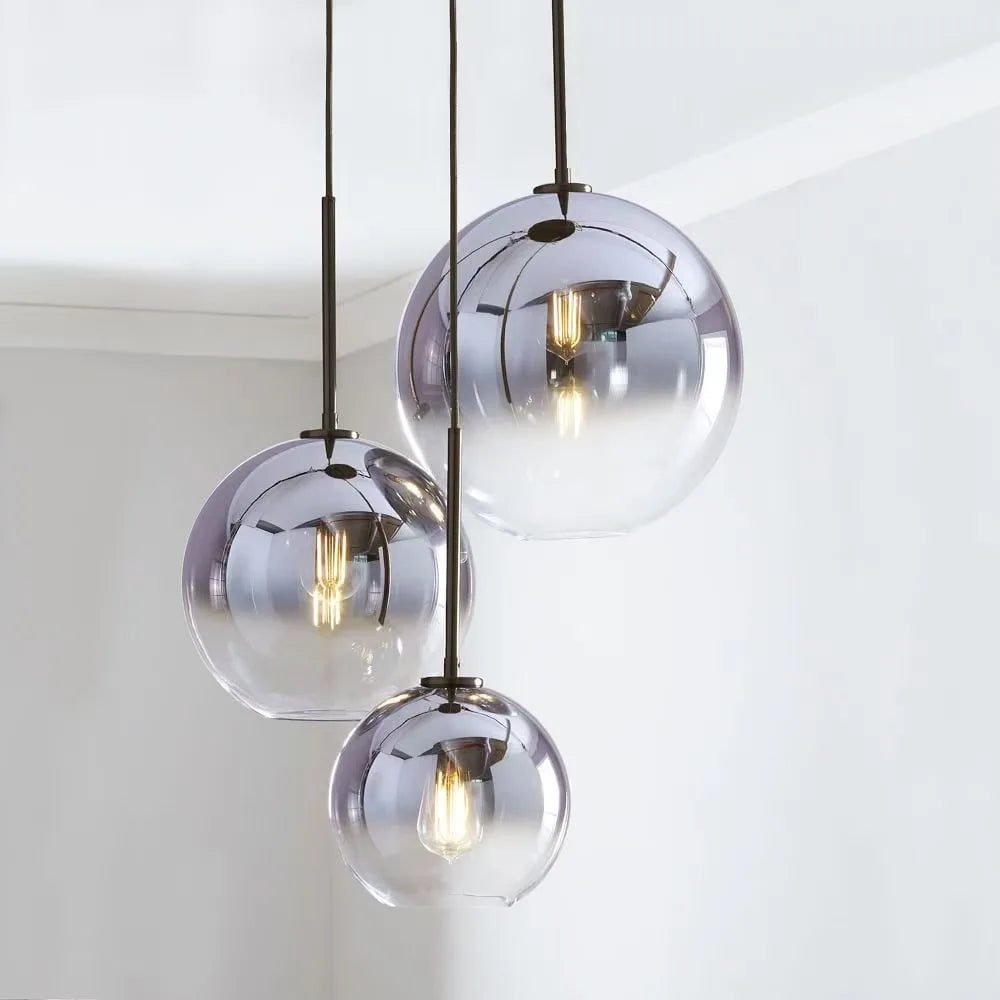 Grey Ombre Glass Cluster Pendant Light, 3 Globe Shades, Brushed Brass Fittings, 20cm, Staggered Drops, Dining Table and Kitchen
