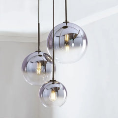 Grey Ombre Glass Cluster Pendant Light, 3 Globe Shades, Brushed Brass Fittings, 20cm, Staggered Drops, Dining Table and Kitchen