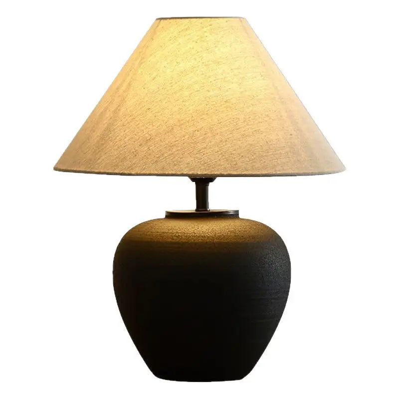 Textured White Ceramic Urn Table Lamp, Natural Linen Cone Shade, Rounded Silhouette, Bedside, Console & Living Room