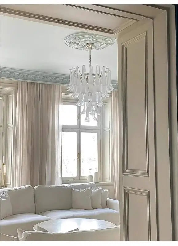 Pink Tiered Glass Petal Chandelier, 120x120x180cm Layered Frosted Shades, Polished Chrome Frame, Dining Room & Living Room