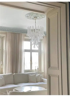 Pink Tiered Glass Petal Chandelier, 120x120x180cm Layered Frosted Shades, Polished Chrome Frame, Dining Room & Living Room