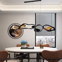 Matt Black Organic Ring Cluster Pendant Light, Brass Cup Accents, Linear Bar Mount, 200cm, Three Arrangements, Dining Table & Living Room