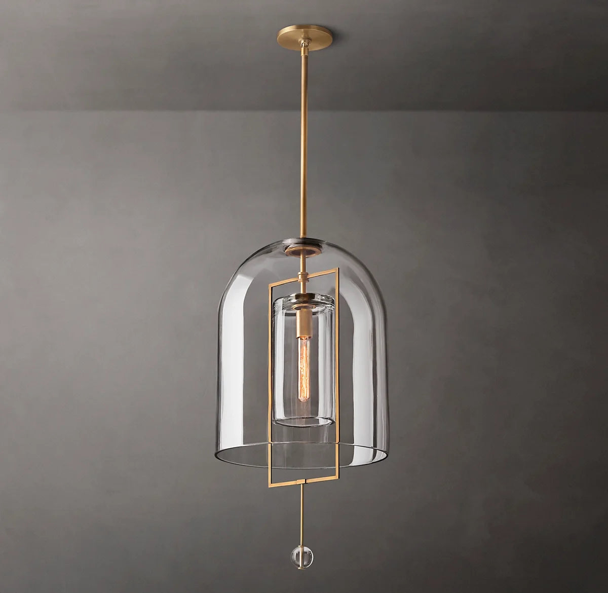 Clear Glass Bell Pendant Light, Vintage Brass Rectangle Frame, 13" Dome, Exposed Filament Bulb, Hallway, Dining Table & Living Room