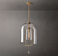 Clear Glass Bell Pendant Light, Vintage Brass Rectangle Frame, 13" Dome, Exposed Filament Bulb, Hallway, Dining Table & Living Room