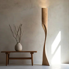 Sculptural Twisted Wood Column Floor Lamp, Brown Tone, Freestanding Base, Living Room, Dining Room & Reading Corner