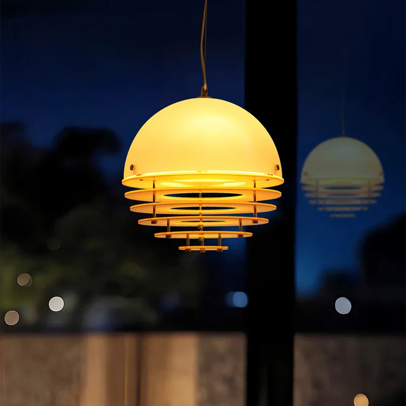 Matt White Dome Pendant Light, Amber Tiered Ring Skirt, 30cm Large Silhouette, Kitchen Island & Dining Table