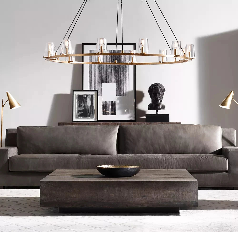 Ribbed Glass Ring Chandelier, Bronze Finish, Wide Ring Frame with Chain Suspension, Dining Room & Living Room