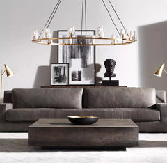 Ribbed Glass Ring Chandelier, Bronze Finish, Wide Ring Frame with Chain Suspension, Dining Room & Living Room