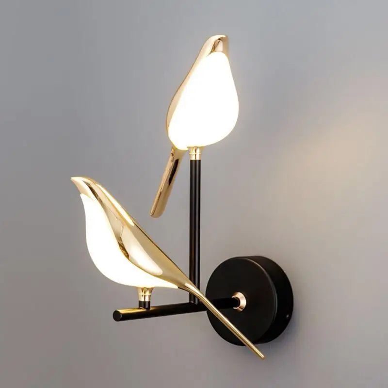 Polished Gold Bird Wall Light, 2 Light Sculptural Fitting, Black Backplate, Bedside Wall & Hallway Accent Piece