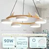 Textured Wood Ring Chandelier, 5 White Drum Shades, Resin Bird Detail, Natural Finish, Dining Room & Living Room