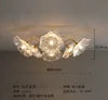 White Textured Flower Glass Semi Flush Ceiling Light, 6 Ruffled Petal Shades, Brass Frame, Living Room & Dining Room