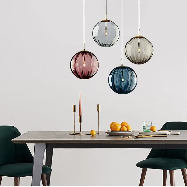 Fluted Glass Globe Pendant Light, Sky Blue Embossed Finish on a Brass Cap, Bulb Not Included, Dining Table & Living Room