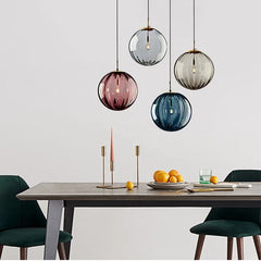 Fluted Glass Globe Pendant Light, Sky Blue Embossed Finish on a Brass Cap, Bulb Not Included, Dining Table & Living Room