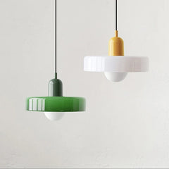 Glazed White Glass Disc Pendant Light, High Gloss Finish, Ribbed Rim Detail, 25cm, Exposed Bulb, Bedroom & Living Room